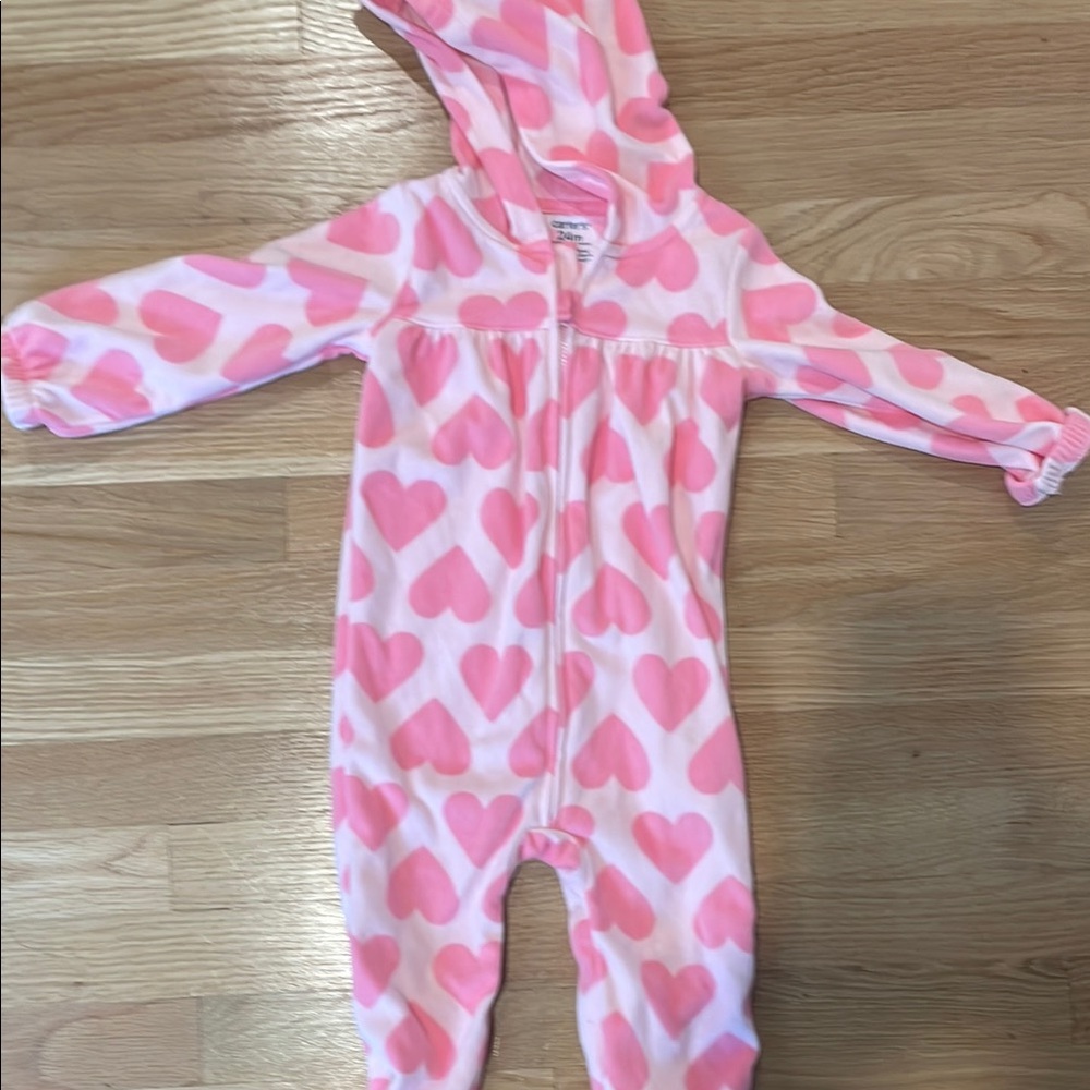 Pink Heart Baby fleece hooded Onesie